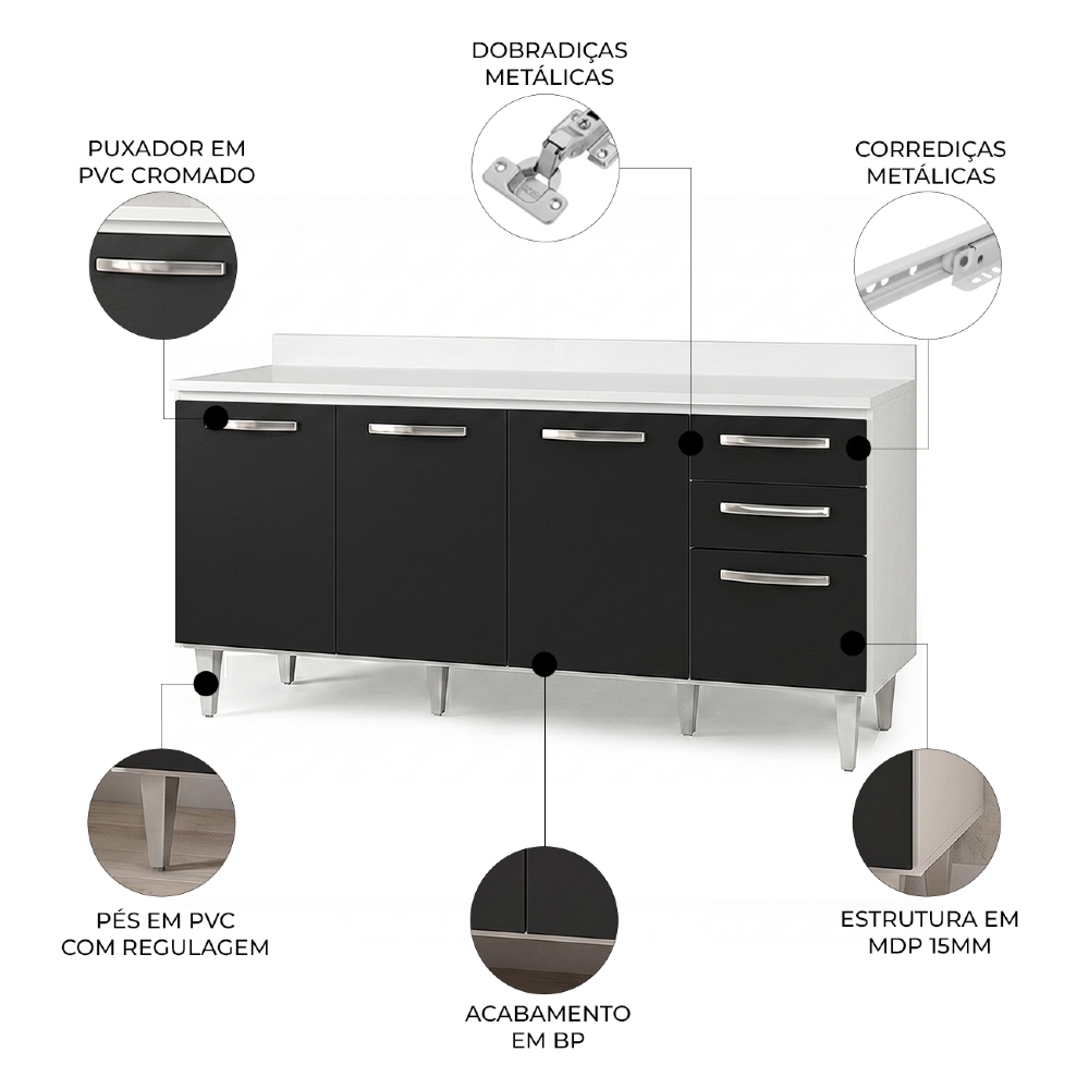 Balcão Gabinete 160cm com Tampo Áustria Branco/Preto - Lumil