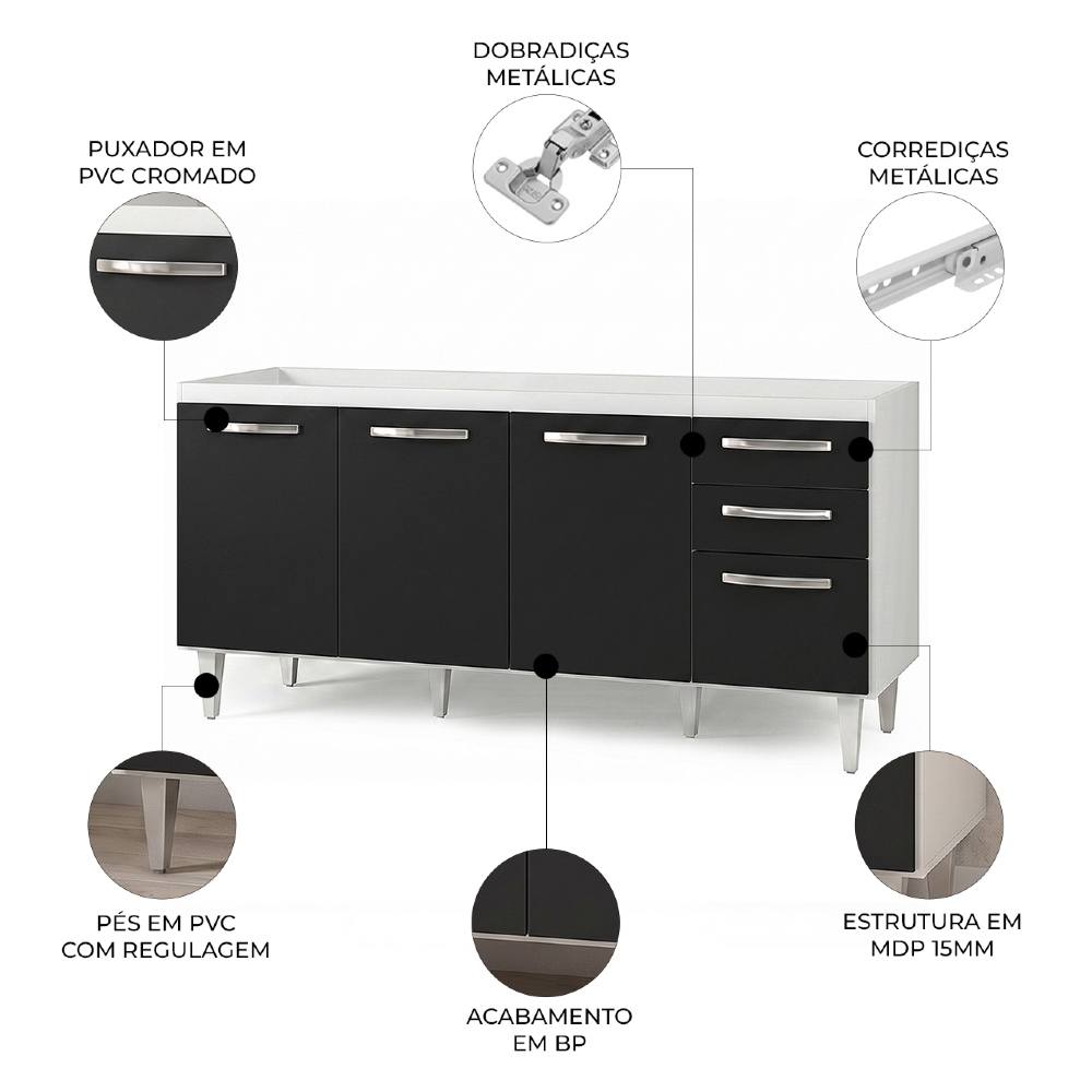 Balcão Gabinete Para Pia Áustria sem Tampo 160cm 4 Portas 2 Gavetas Branco/Preto - Lumil Móveis