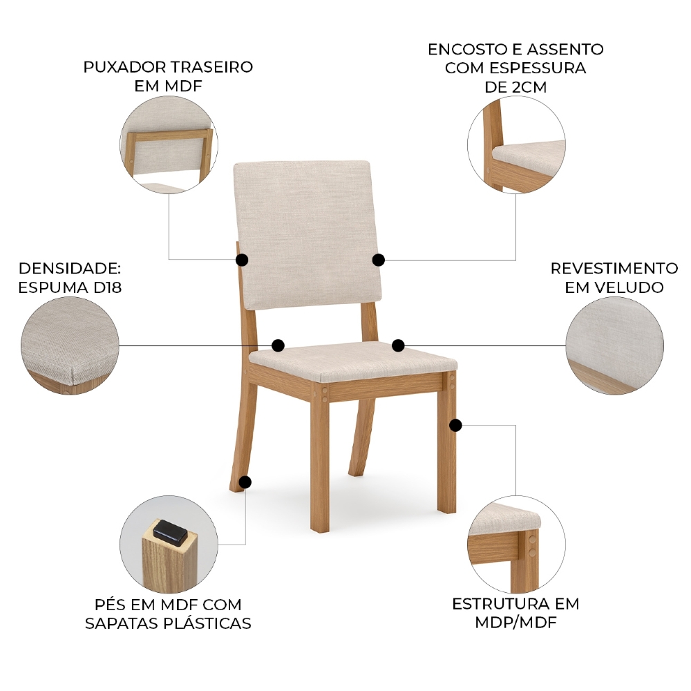 Cadeira Jantar Estofada Pé Madeira Kit 6 Elora Veludo Bege H02 - Mpozenato
