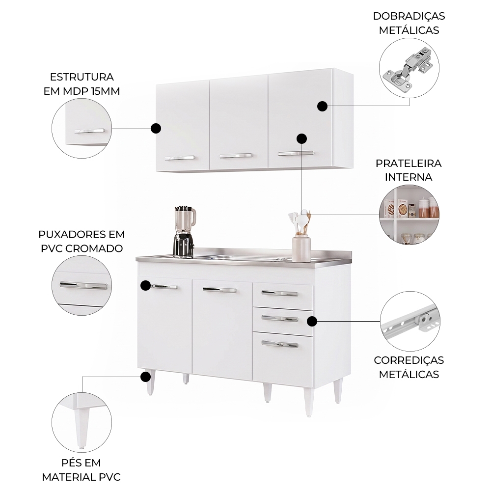 Armário Aéreo Honduras e Balcão Gabinete Suécia com Pia Inox 120cm Branco - Lumil Móveis