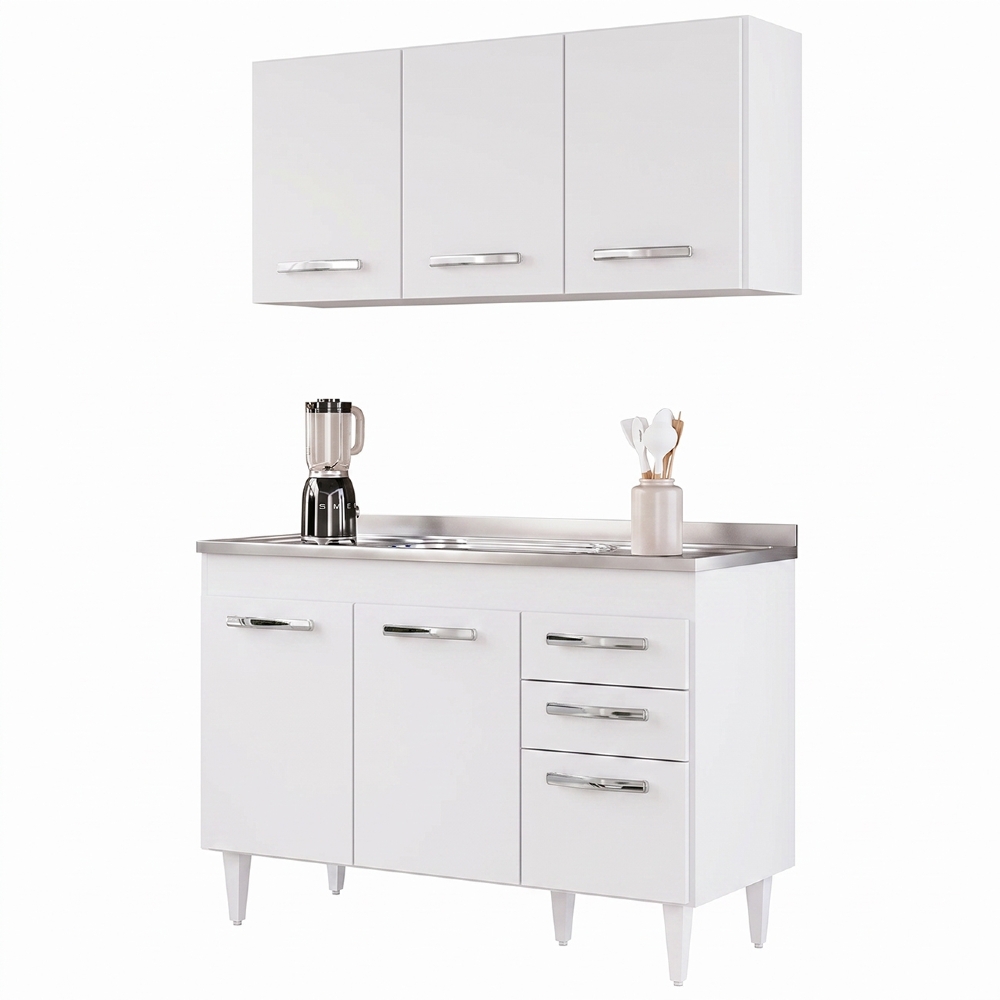 Armário Aéreo Honduras e Balcão Gabinete Suécia com Pia Inox 120cm Branco - Lumil Móveis