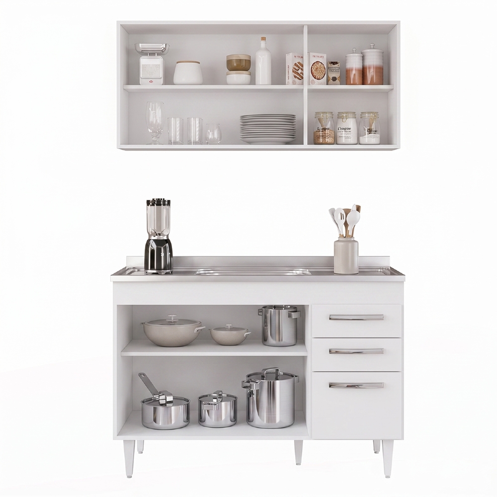 Armário Aéreo Honduras e Balcão Gabinete Suécia com Pia Inox 120cm Branco - Lumil Móveis