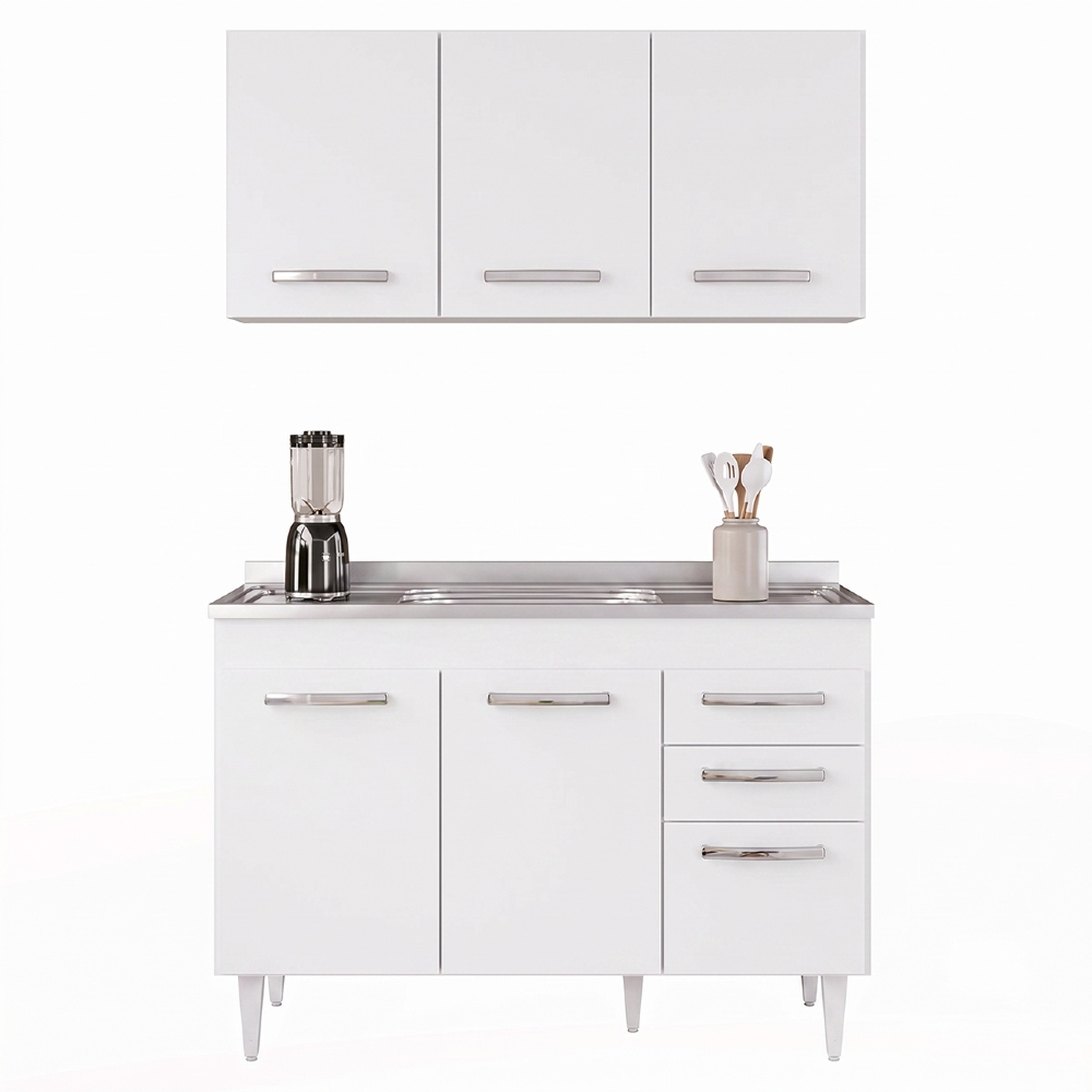 Armário Aéreo Honduras e Balcão Gabinete Suécia com Pia Inox 120cm Branco - Lumil Móveis