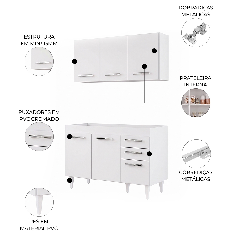 Armário Aéreo Honduras e Balcão Gabinete 120cm Suécia Branco - Lumil Móveis