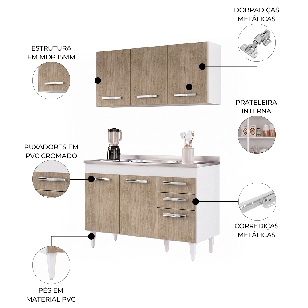 Armário Aéreo Honduras e Balcão Gabinete Suécia com Pia Inox 120cm Branco/Castanho - Lumil Móveis
