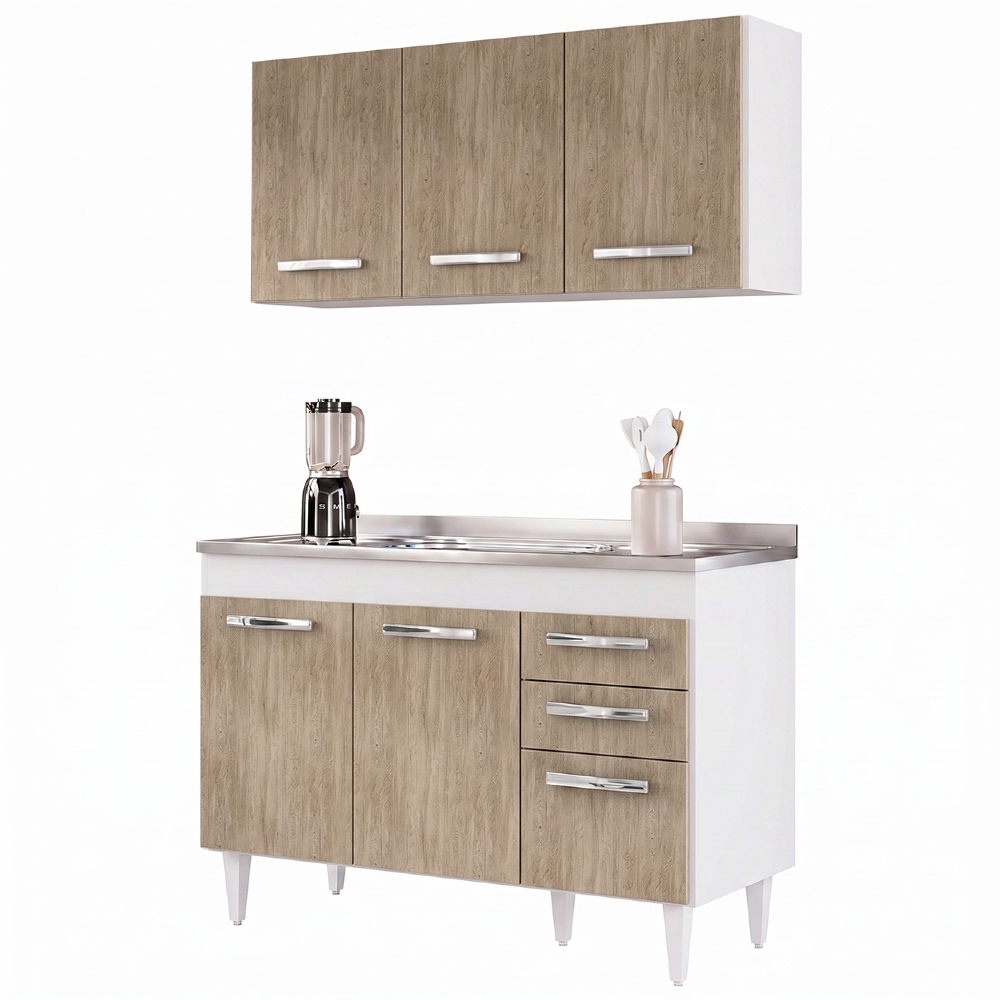 Armário Aéreo Honduras e Balcão Gabinete Suécia com Pia Inox 120cm Branco/Castanho - Lumil Móveis