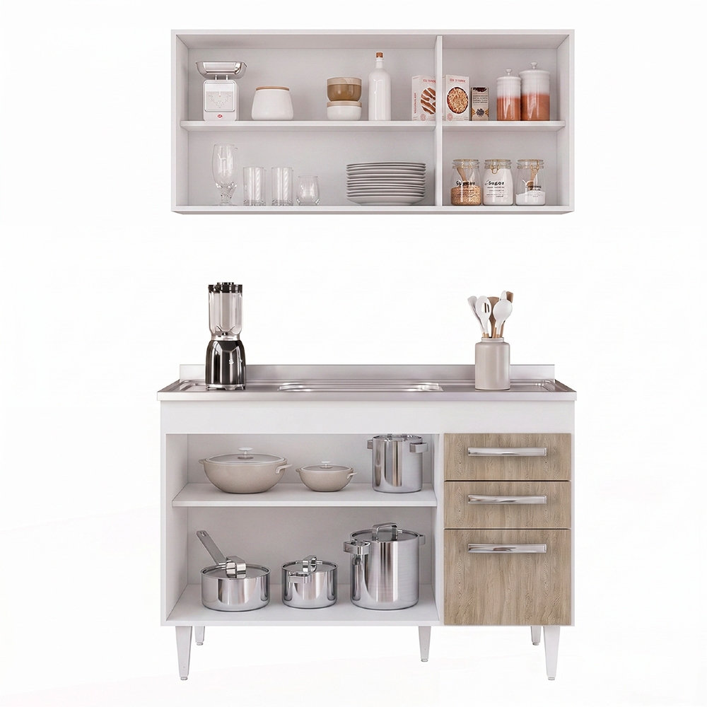 Armário Aéreo Honduras e Balcão Gabinete Suécia com Pia Inox 120cm Branco/Castanho - Lumil Móveis