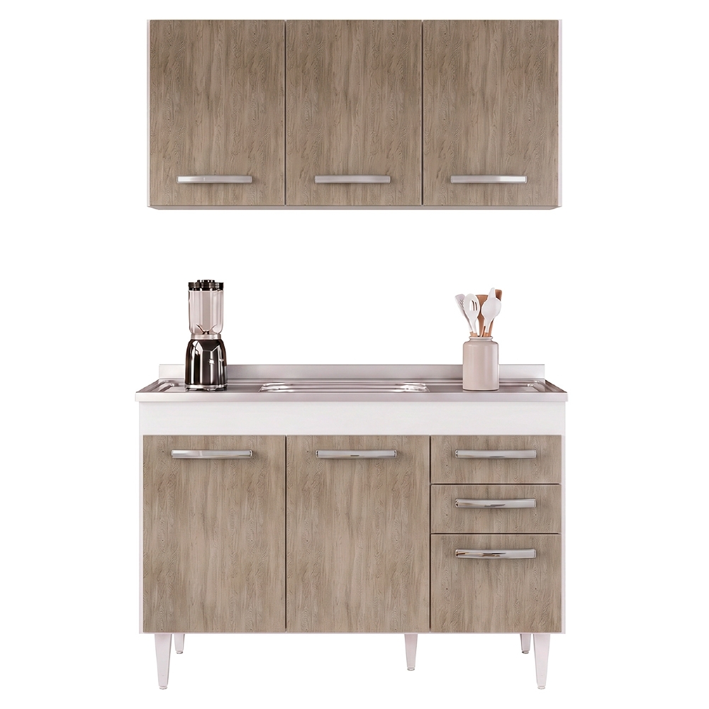 Armário Aéreo Honduras e Balcão Gabinete Suécia com Pia Inox 120cm Branco/Castanho - Lumil Móveis
