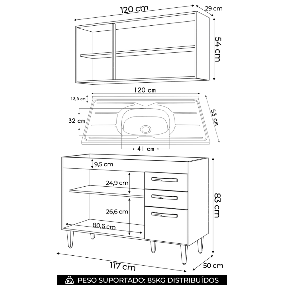 Armário Aéreo Honduras e Balcão Gabinete Suécia com Pia Inox 120cm Branco/Castanho - Lumil Móveis