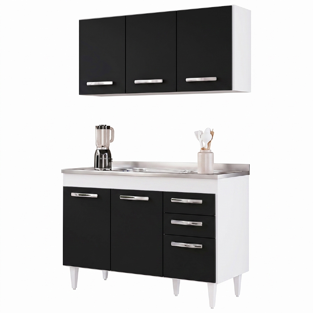 Armário Aéreo Honduras e Balcão Gabinete Suécia com Pia Inox 120cm Branco/Preto - Lumil Móveis