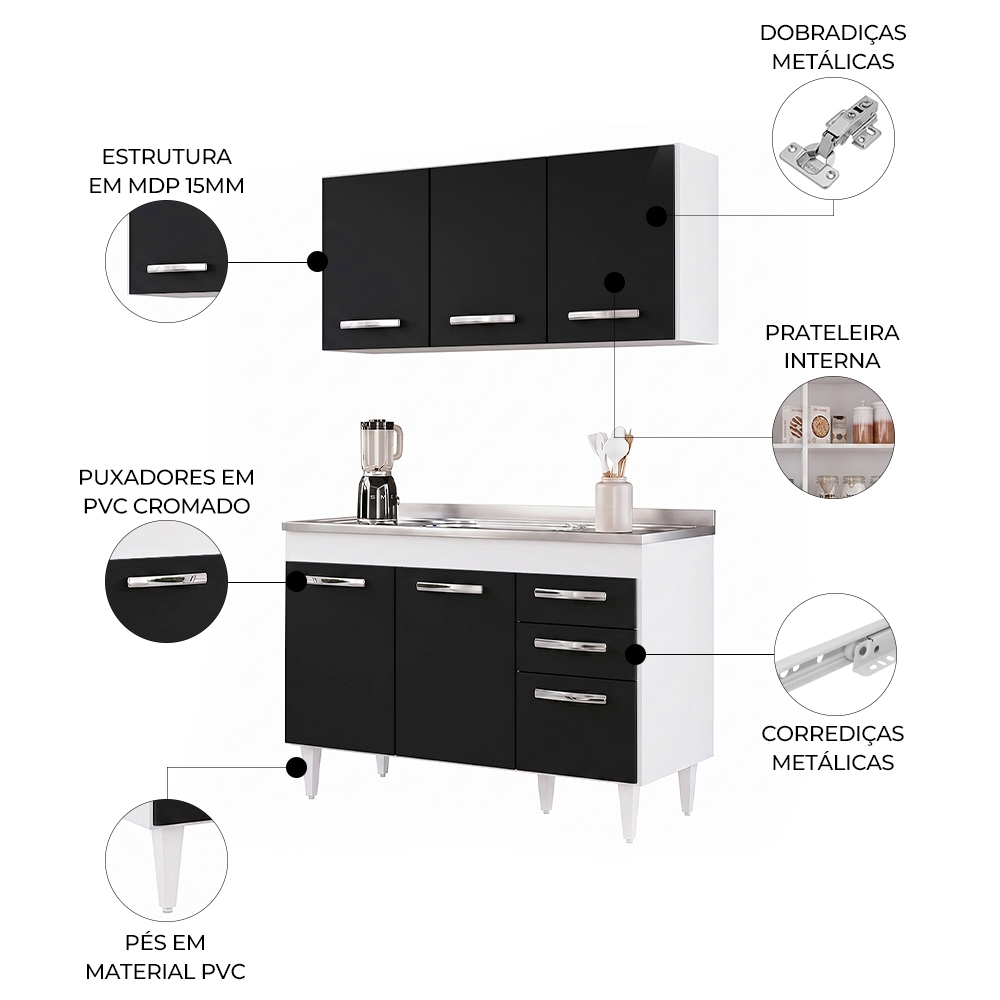Armário Aéreo Honduras e Balcão Gabinete Suécia com Pia Inox 120cm Branco/Preto - Lumil Móveis