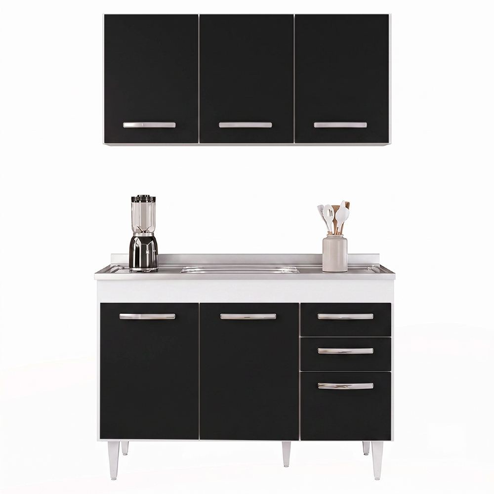 Armário Aéreo Honduras e Balcão Gabinete Suécia com Pia Inox 120cm Branco/Preto - Lumil Móveis