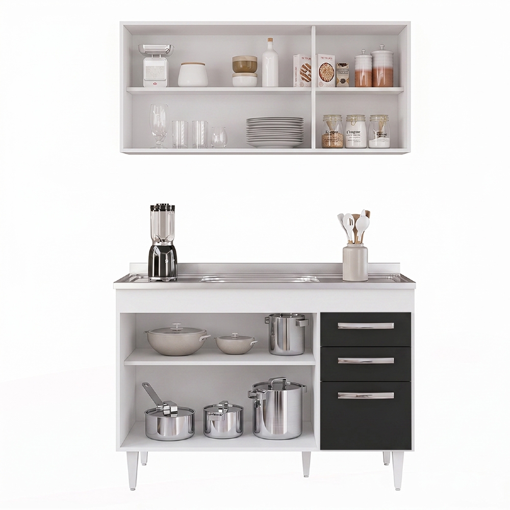 Armário Aéreo Honduras e Balcão Gabinete Suécia com Pia Inox 120cm Branco/Preto - Lumil Móveis