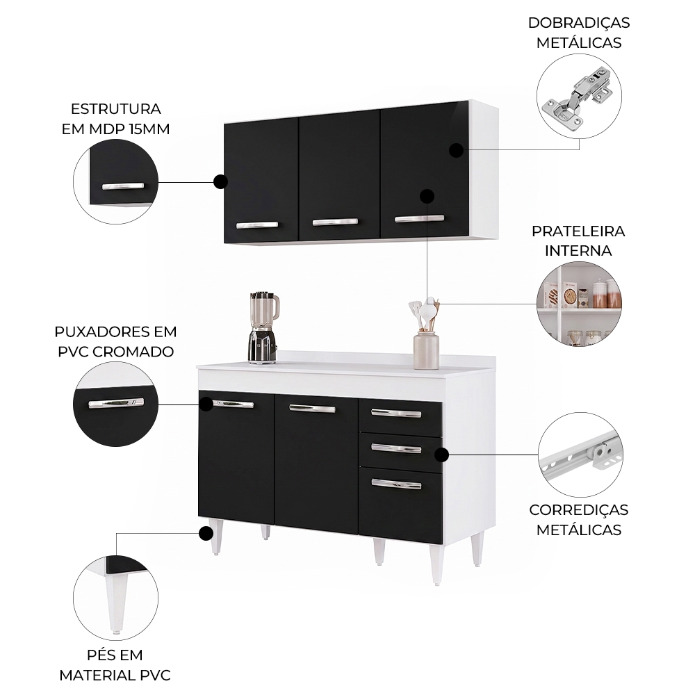 Armário Aéreo Honduras e Balcão para Pia com Tampo 120cm Suécia Branco/Preto - Lumil