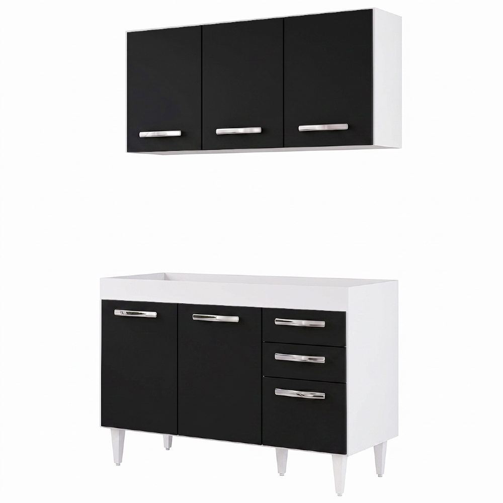 Armário Aéreo Honduras e Balcão Gabinete Para Pia 120cm Suécia sem Tampo Branco/Preto - Lumil Móveis