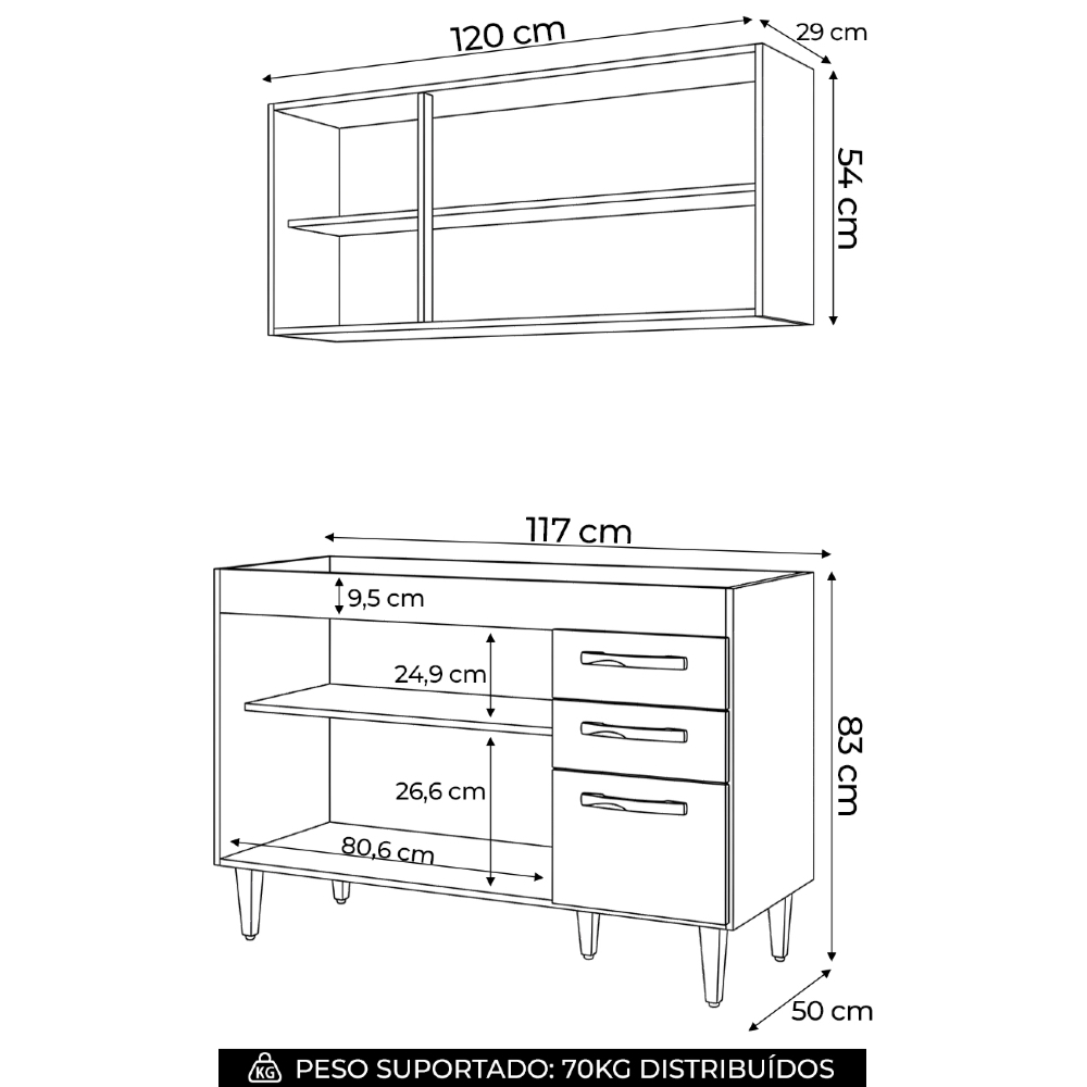 Armário Aéreo Honduras e Balcão Gabinete Para Pia 120cm Suécia sem Tampo Branco/Preto - Lumil Móveis