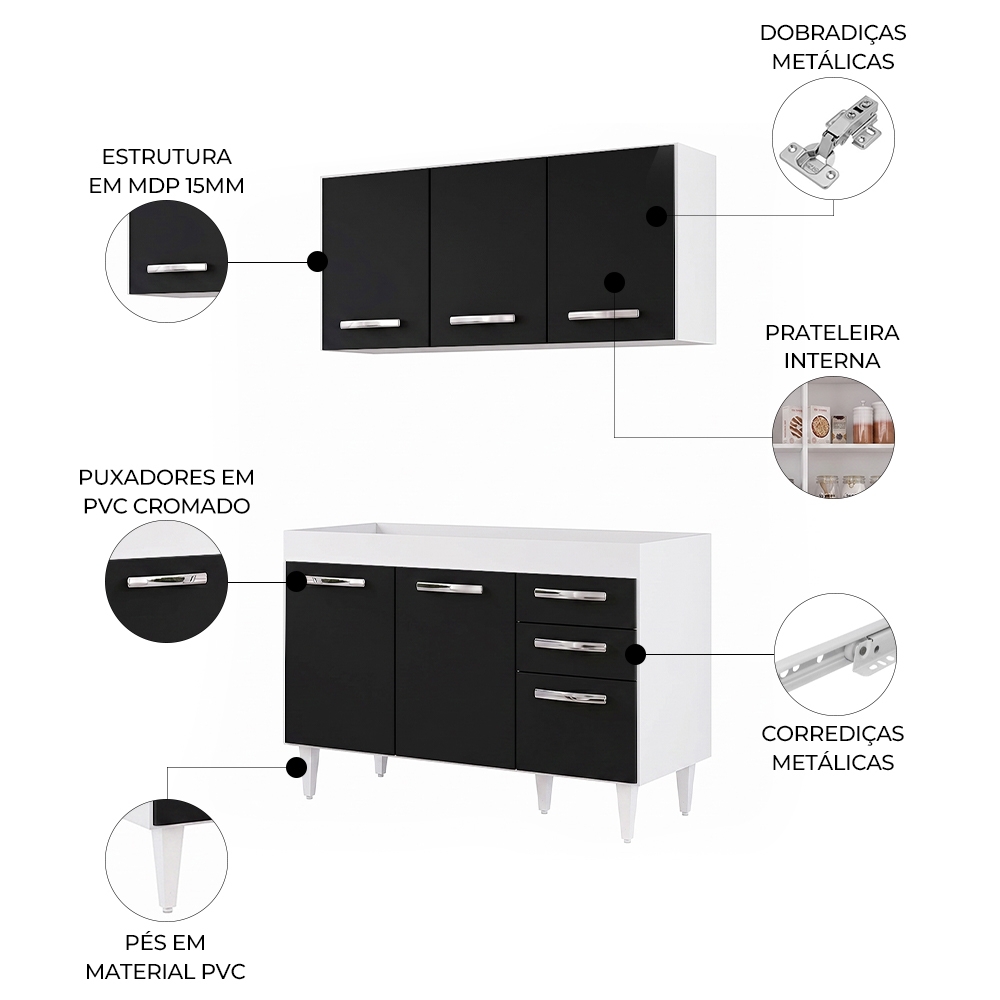Armário Aéreo Honduras e Balcão Gabinete Para Pia 120cm Suécia sem Tampo Branco/Preto - Lumil Móveis