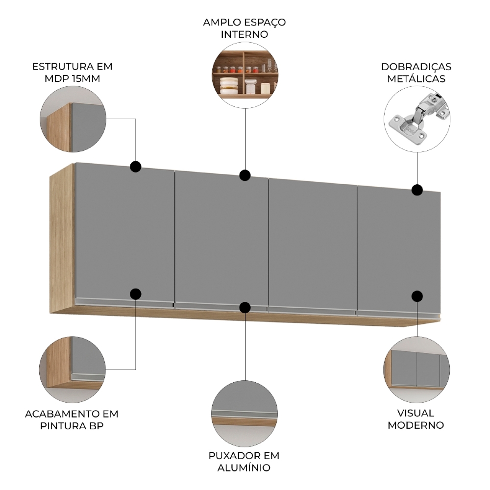 Armário de Cozinha Aéreo 160cm 4 Portas Nevada Castanho/Cinza - Lumil