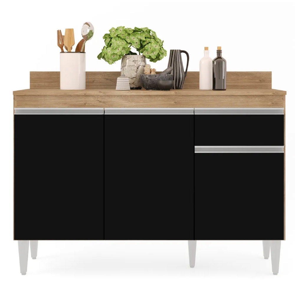 Balcão Gabinete 120cm Com Tampo 3 Portas 1 Gaveta Arizona Castanho/Preto - Lumil Móveis