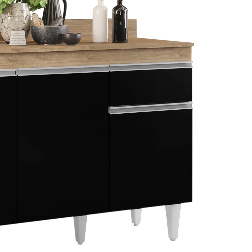 Balcão Gabinete 120cm Com Tampo 3 Portas 1 Gaveta Arizona Castanho/Preto - Lumil Móveis