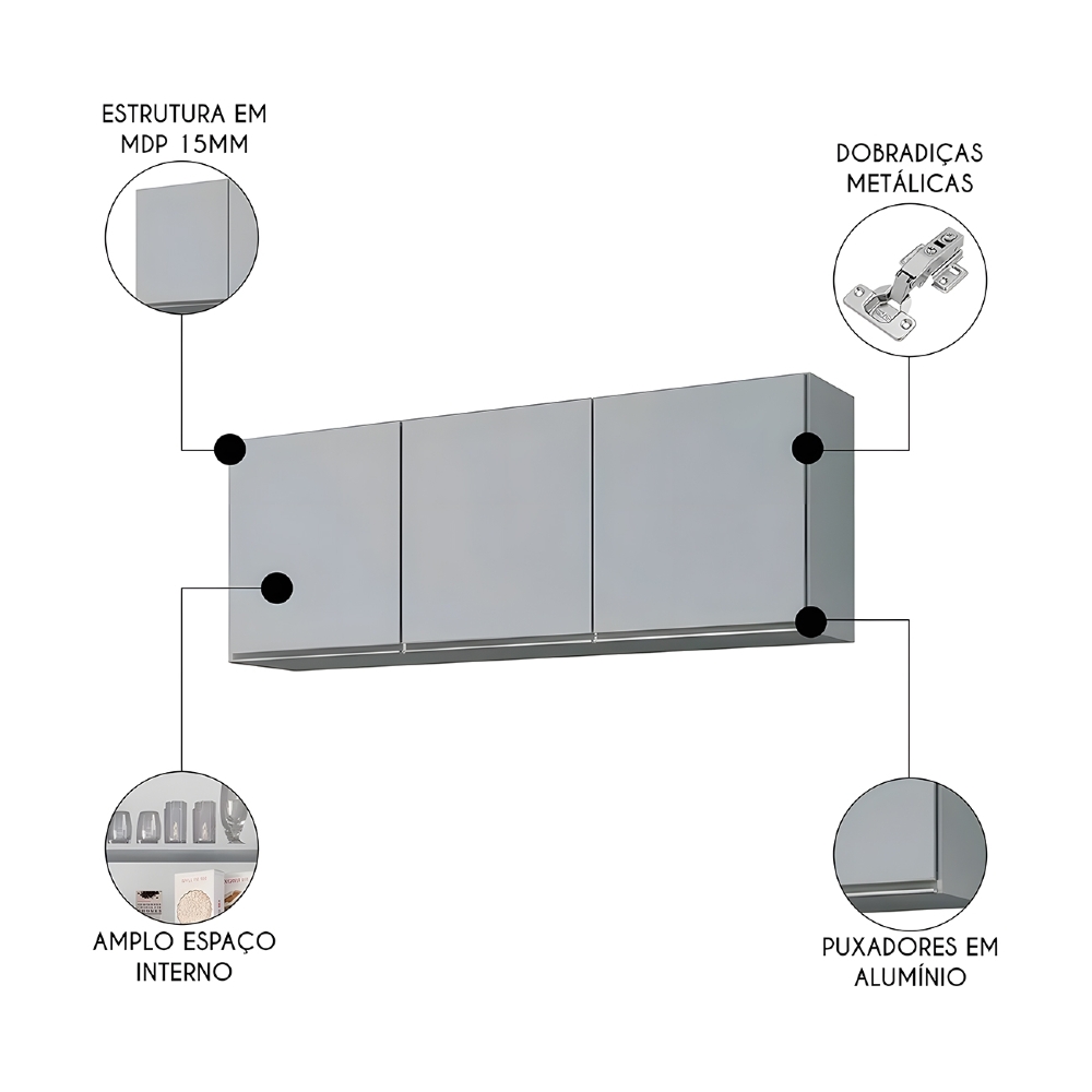 Armário de Cozinha Aéreo 150cm 3 Portas Argélia Cinza Claro - Lumil