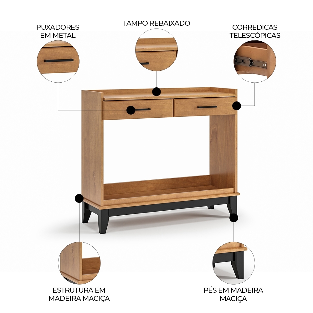 Aparador Sala 90cm 2 Gavetas Storage Carvalho/Preto Z25 - Mpozenato