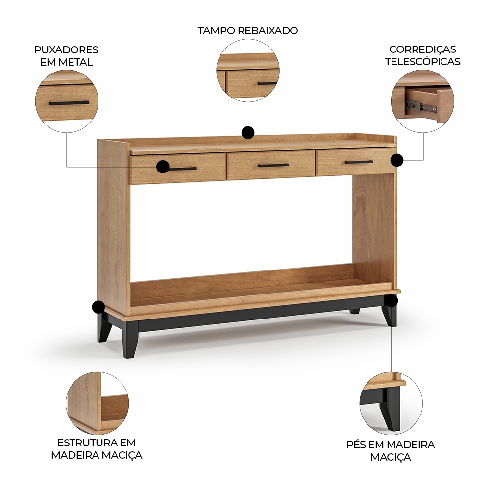 Aparador Sala 135cm 3 Gavetas Storage Carvalho/Preto Z25 - Mpozenato