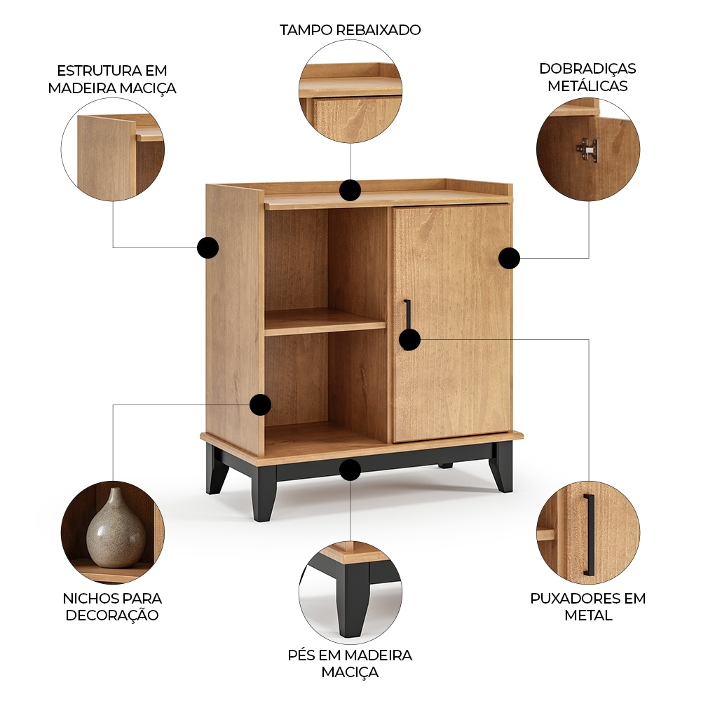 Balcão Aparador Bar 81cm 1 Porta Storage Carvalho/Preto Z25 - Mpozenato
