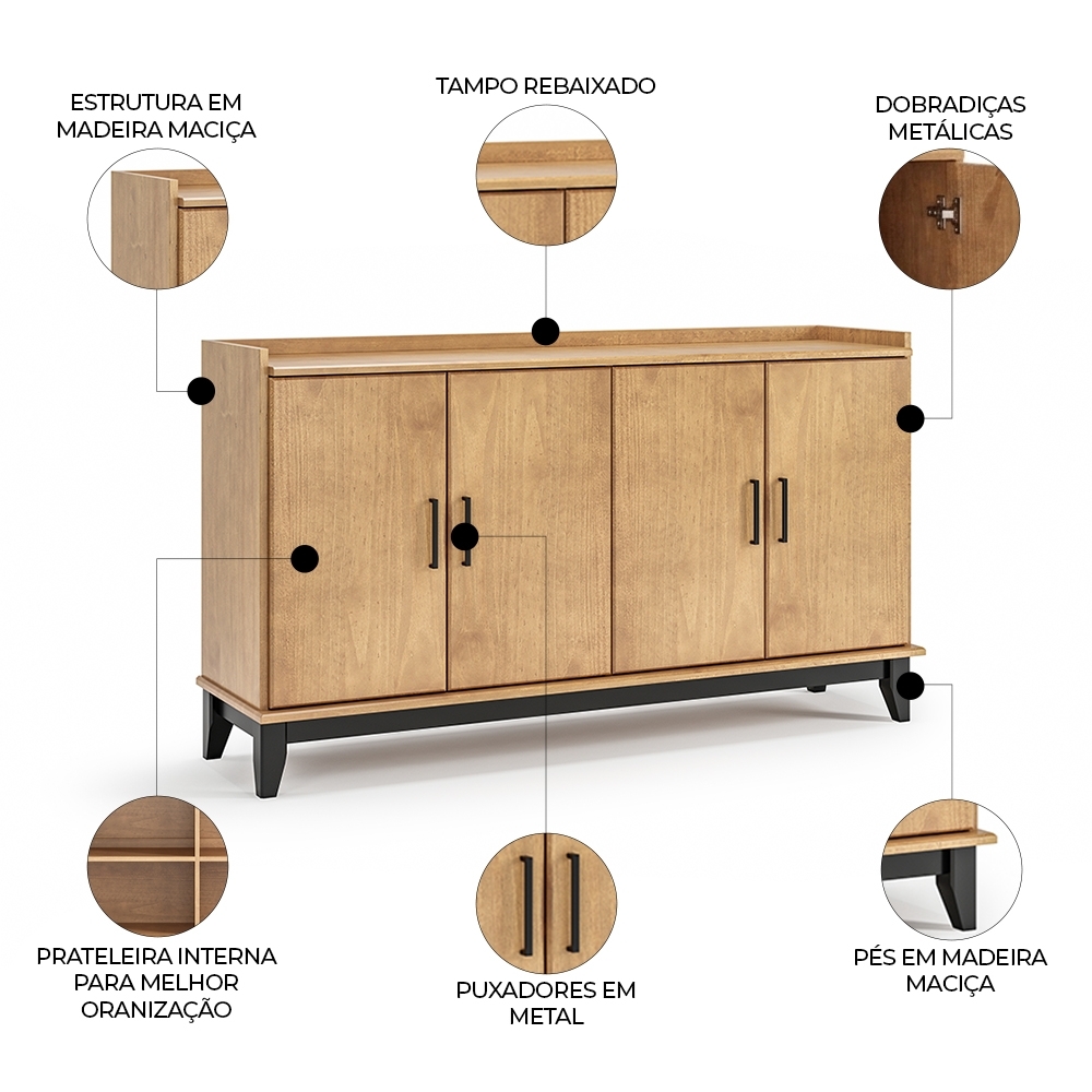 Buffet Aparador 152cm 4 Portas Storage Carvalho/Preto Z25 - Mpozenato