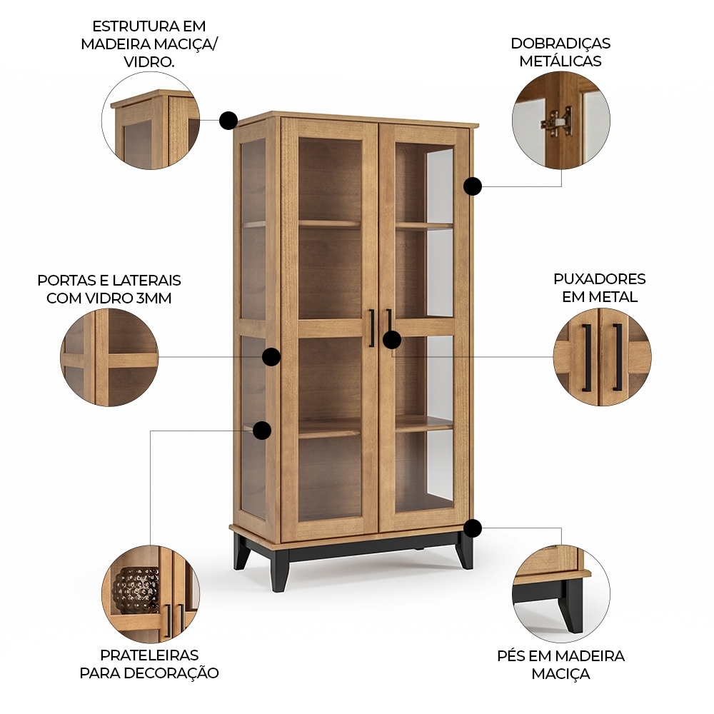 Cristaleira Portas de Vidro 84cm Storage Carvalho/Preto Z25 - Mpozenato