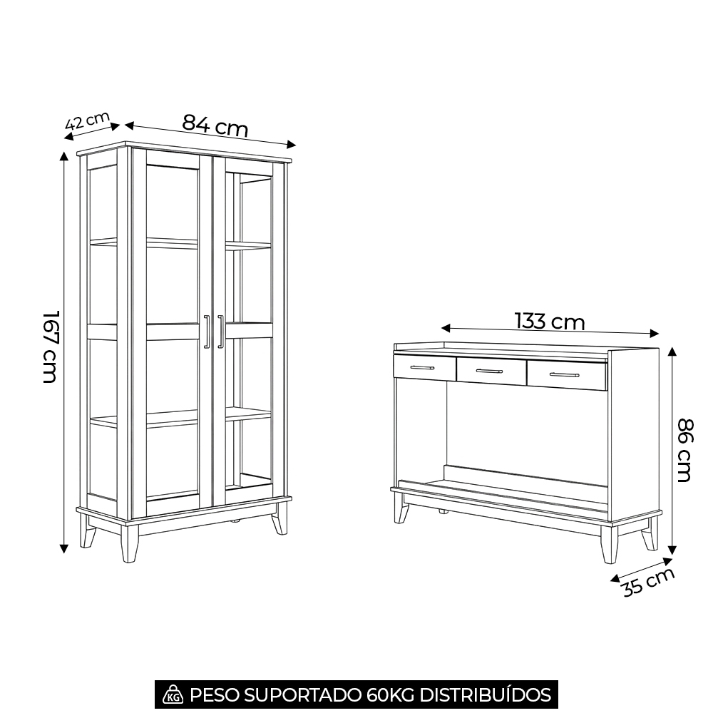 Aparador Sala 135cm e Cristaleira Storage Carvalho/Preto Z25 - Mpozenato