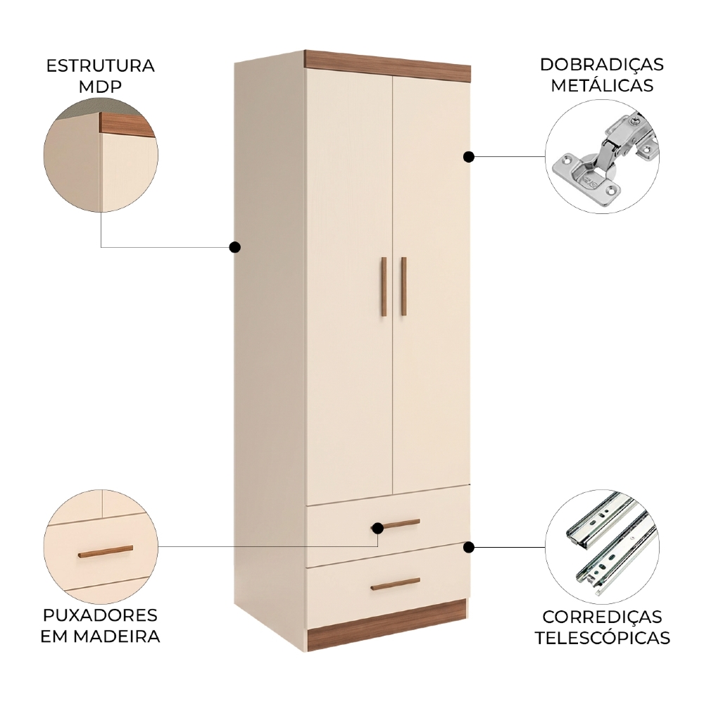 Guarda Roupa Infantil 2 Portas Chiara Off White/Carvalho - Phoenix