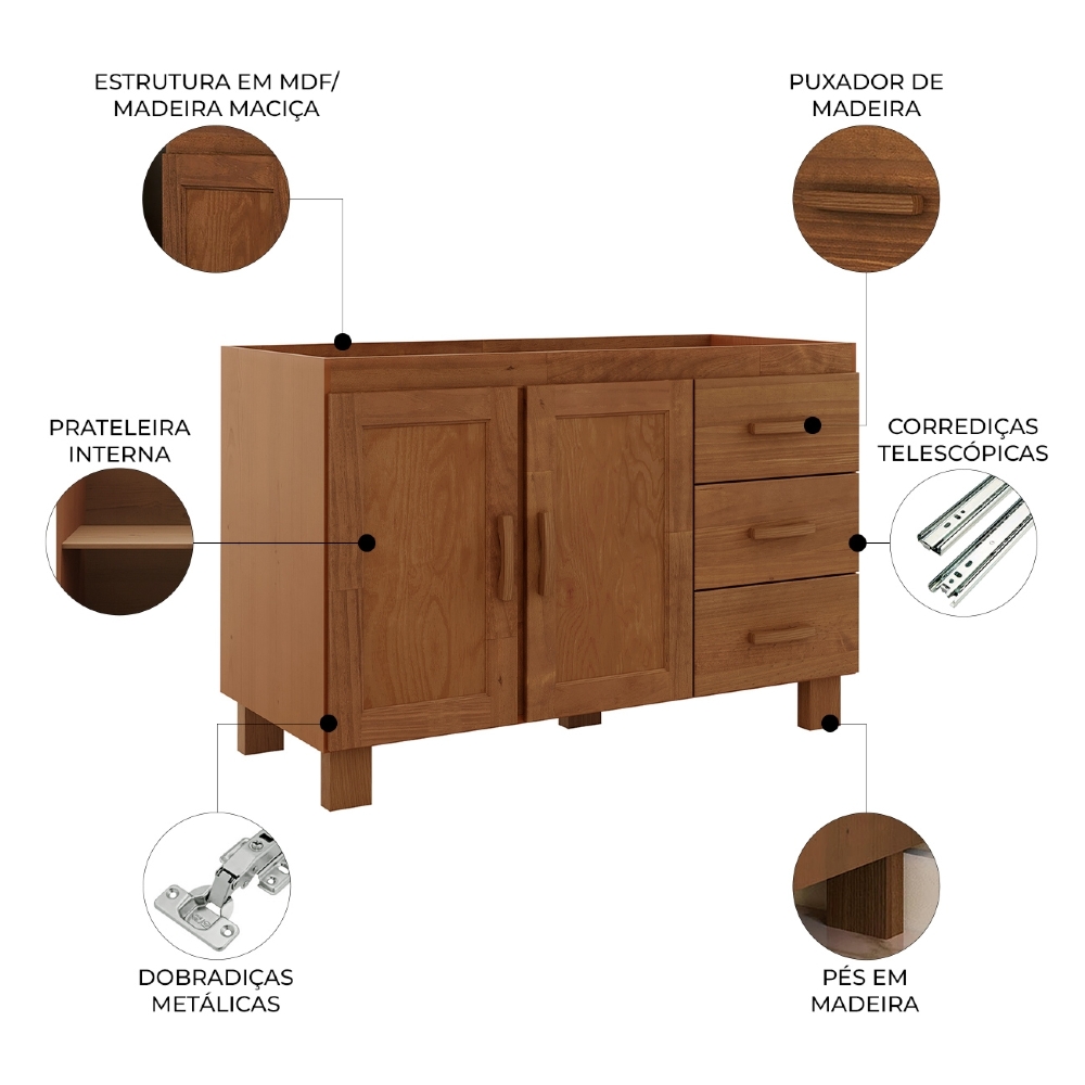 Balcão de Cozinha Para Pia 120cm 3 Gavetas Madeira Giana Castanho F07 - Mpozenato