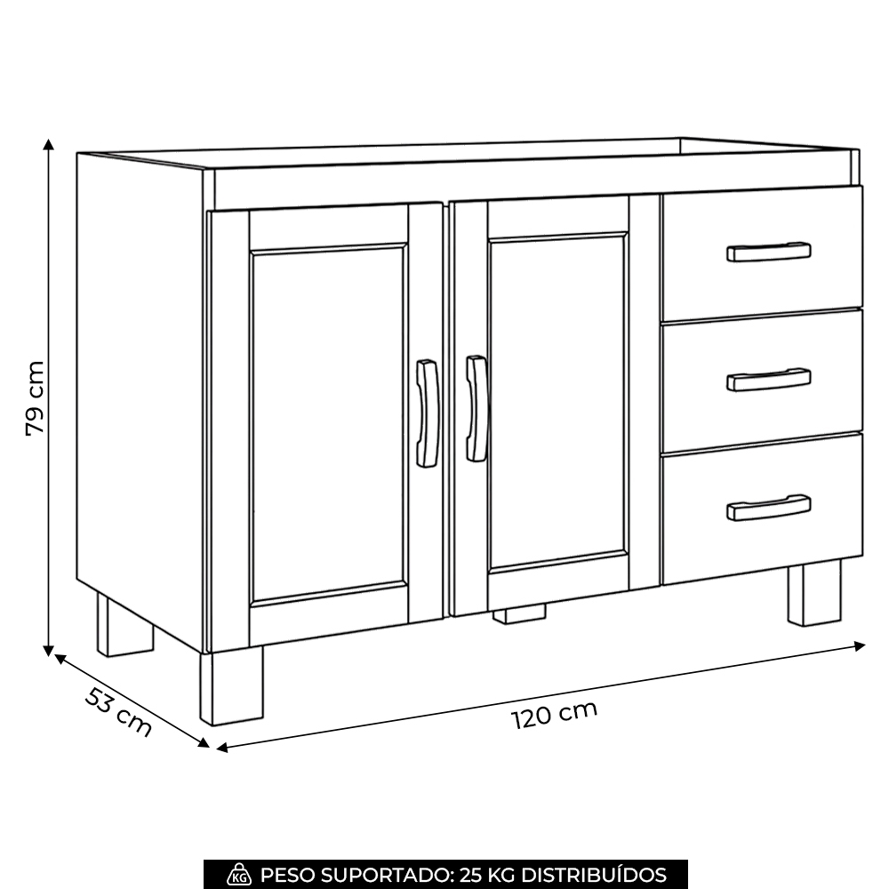 Balcão de Cozinha Para Pia 120cm 3 Gavetas Madeira Giana Castanho F07 - Mpozenato