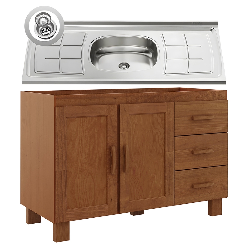 Balcão de Cozinha Com Pia 120cm 3 Gavetas Giana Castanho F07 - Mpozenato