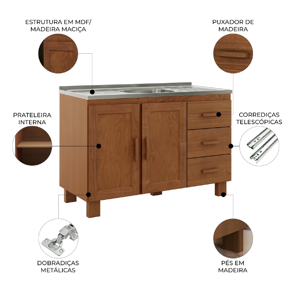 Balcão de Cozinha Com Pia 120cm 3 Gavetas Giana Castanho F07 - Mpozenato
