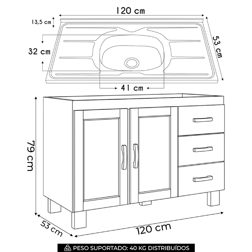 Balcão de Cozinha Com Pia 120cm 3 Gavetas Giana Castanho F07 - Mpozenato