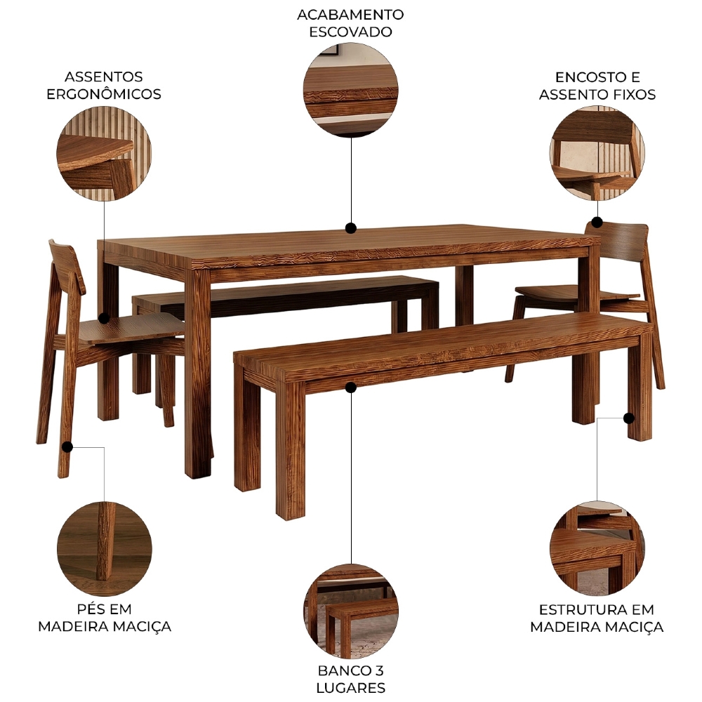 Mesa Madeira 180cm 2 Bancos e 2 Cadeiras Floris Castanho F07 - Mpozenato