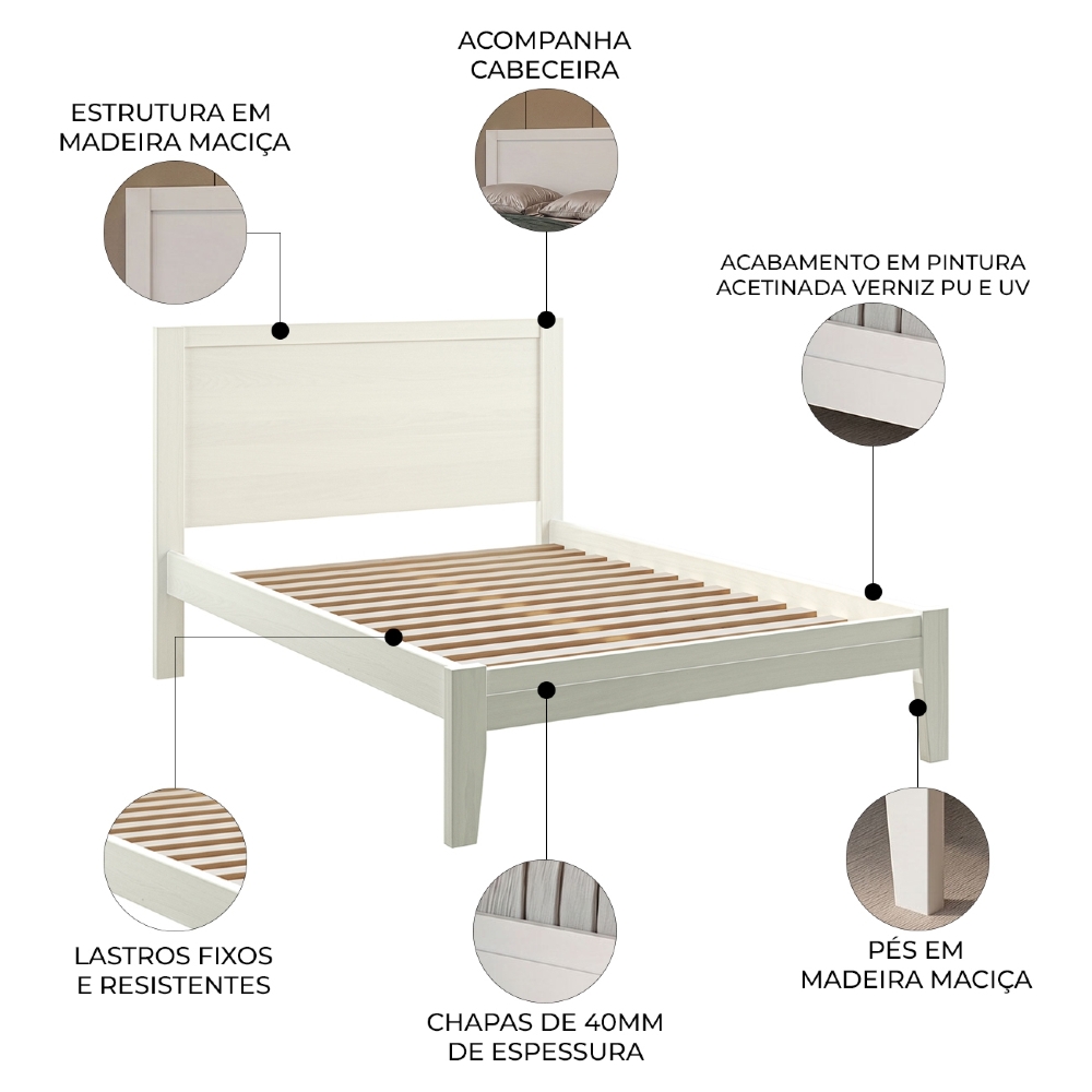 Cama Casal 140cm Madeira Maciça Lazio Branco F07 - Mpozenato
