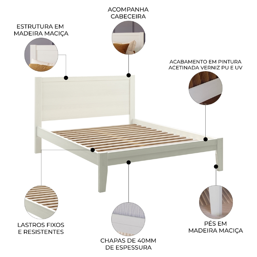 Cama Casal Queen 160cm Madeira Maciça Lazio Branco F07 - Mpozenato