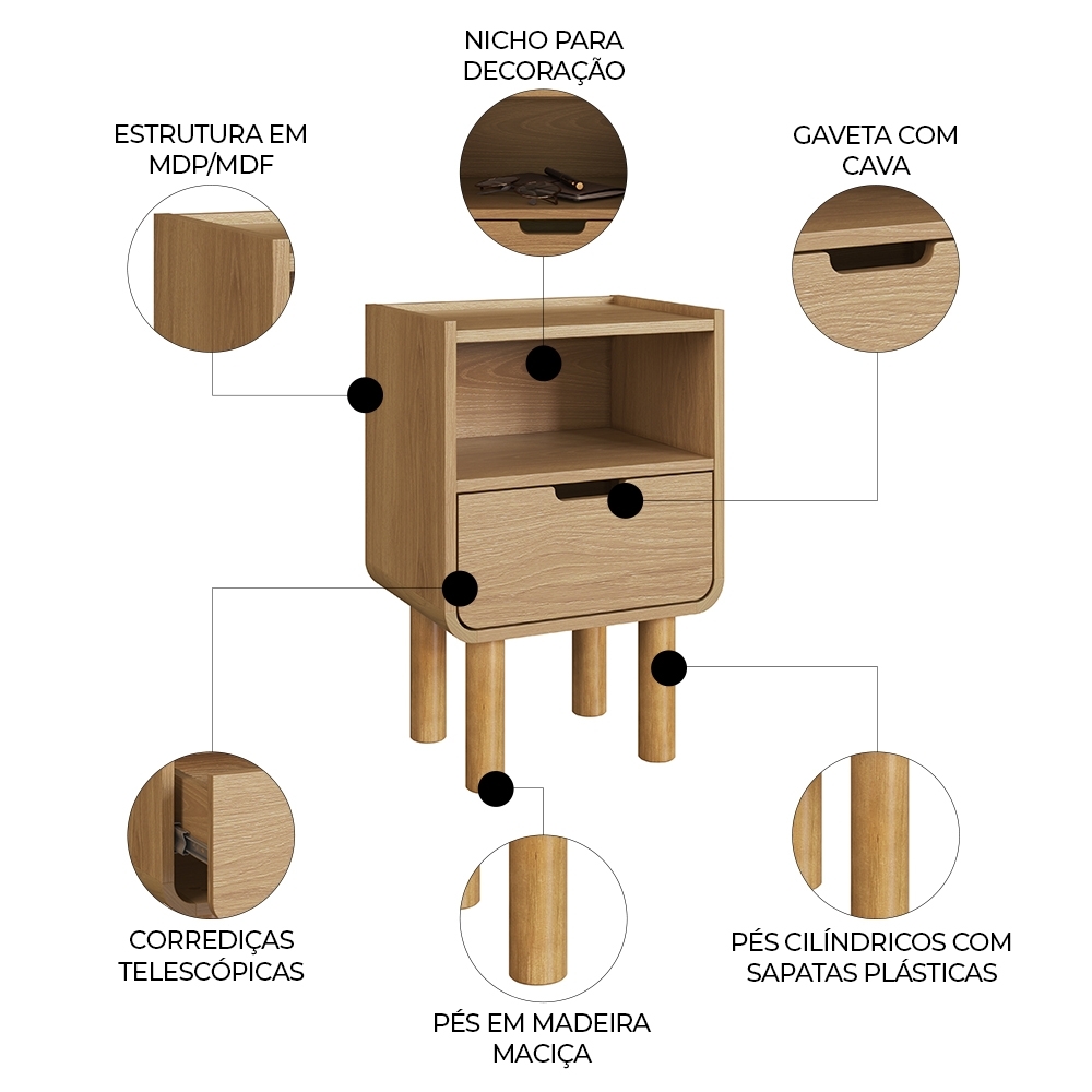 Mesa Cabeceira Quarto 45cm 1 Gaveta Pé Madeira Luara Hanover A10 - Mpozenato