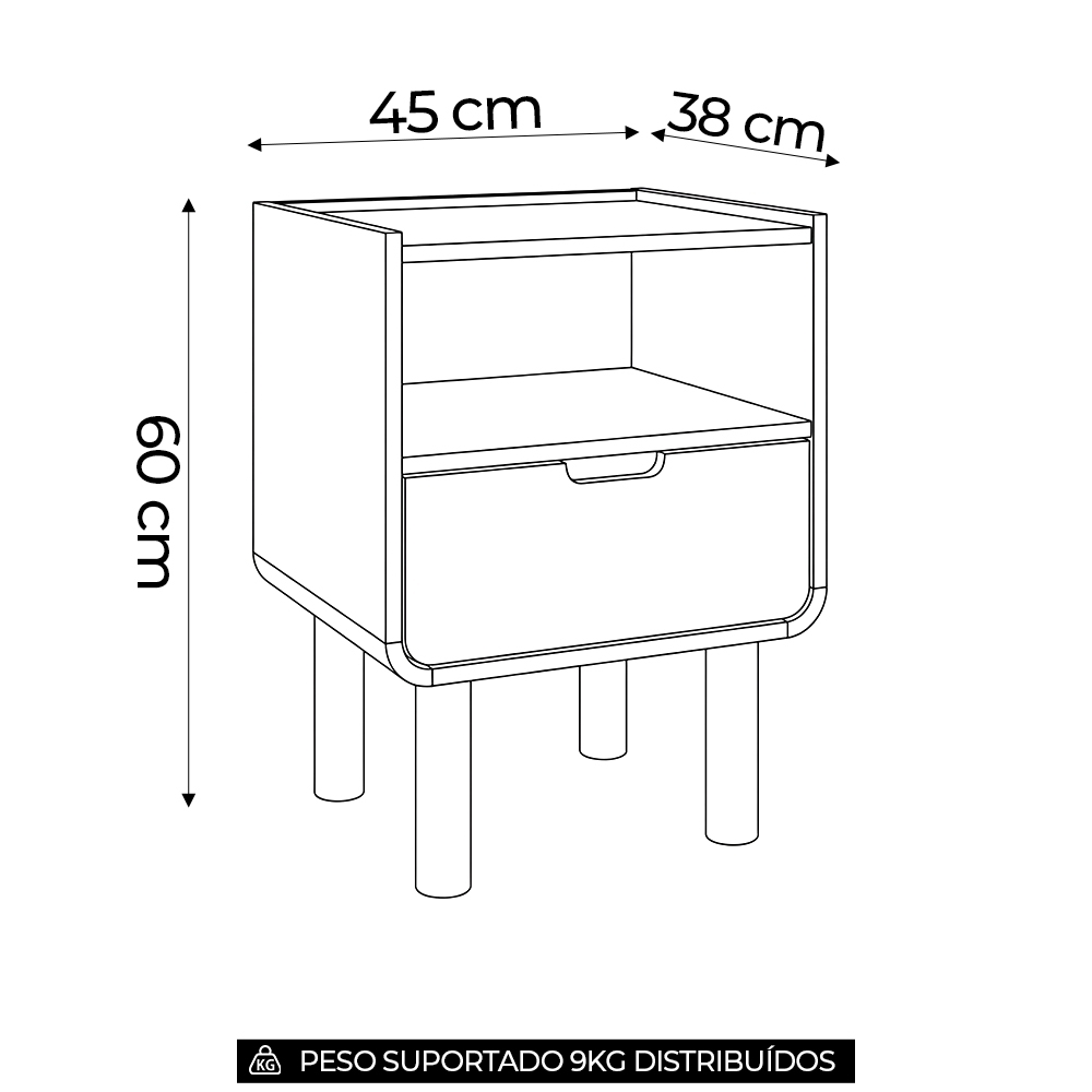 Mesa Cabeceira Quarto 45cm 1 Gaveta Pé Madeira Luara Hanover A10 - Mpozenato