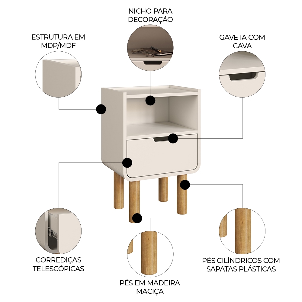 Mesa Cabeceira Quarto 45cm 1 Gaveta Pé Madeira Luara Off White A10 - Mpozenato
