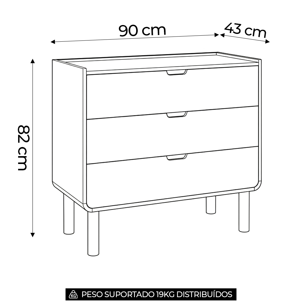 Cômoda Quarto 90cm 3 Gavetas Pé Madeira Luara Hanover A10 - Mpozenato