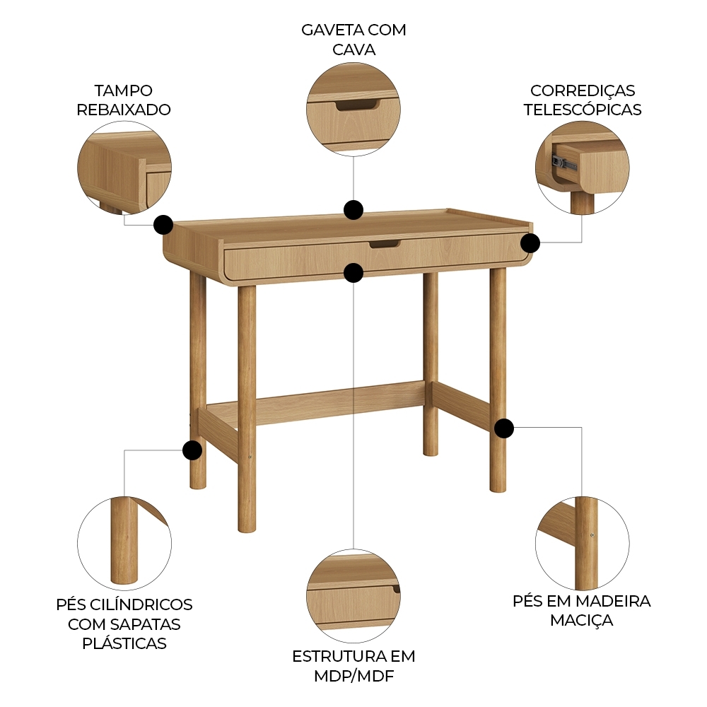 Mesa Escrivaninha 100cm 1 Gaveta Pé Madeira Luara Hanover A10 - Mpozenato
