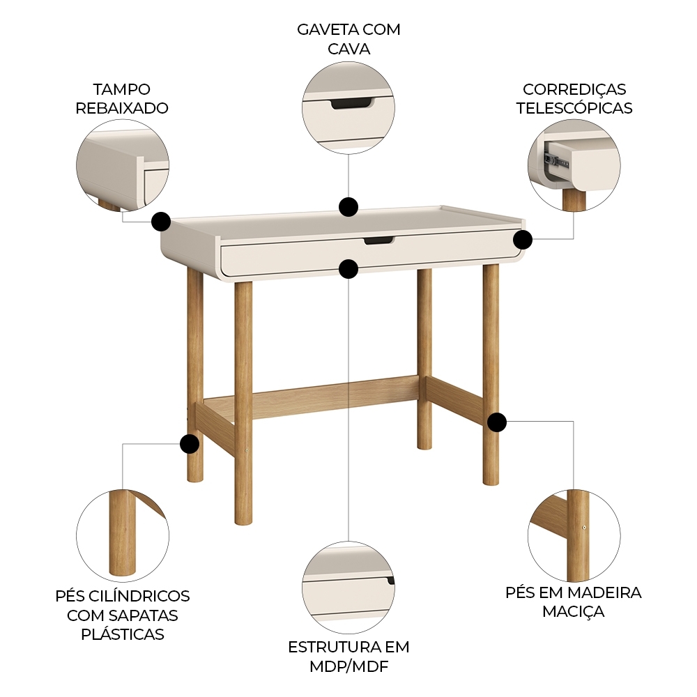 Mesa Escrivaninha 100cm 1 Gaveta Pé Madeira Luara Off White A10 - Mpozenato