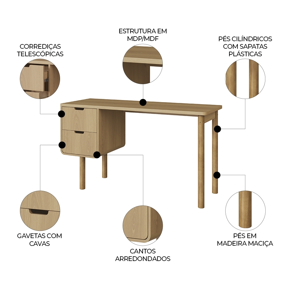 Mesa Escrivaninha 136cm 2 Gavetas Pé Madeira Luara Hanover A10 - Mpozenato