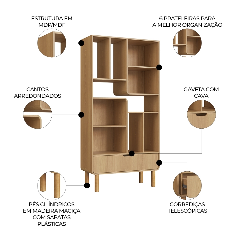 Estante Livreiro 90cm 1 Gaveta Pé Madeira Luara Hanover A10 - Mpozenato