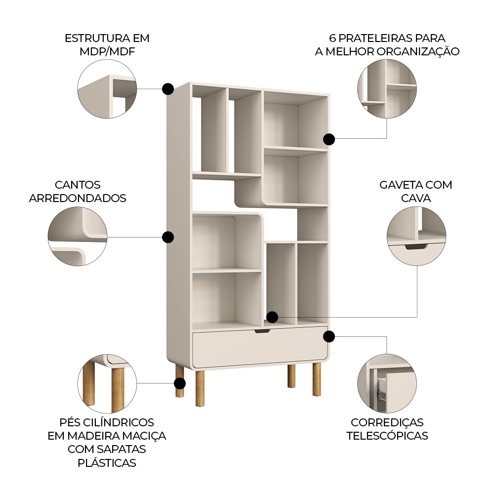 Estante Livreiro 90cm 1 Gaveta Pé Madeira Luara Off White A10 - Mpozenato
