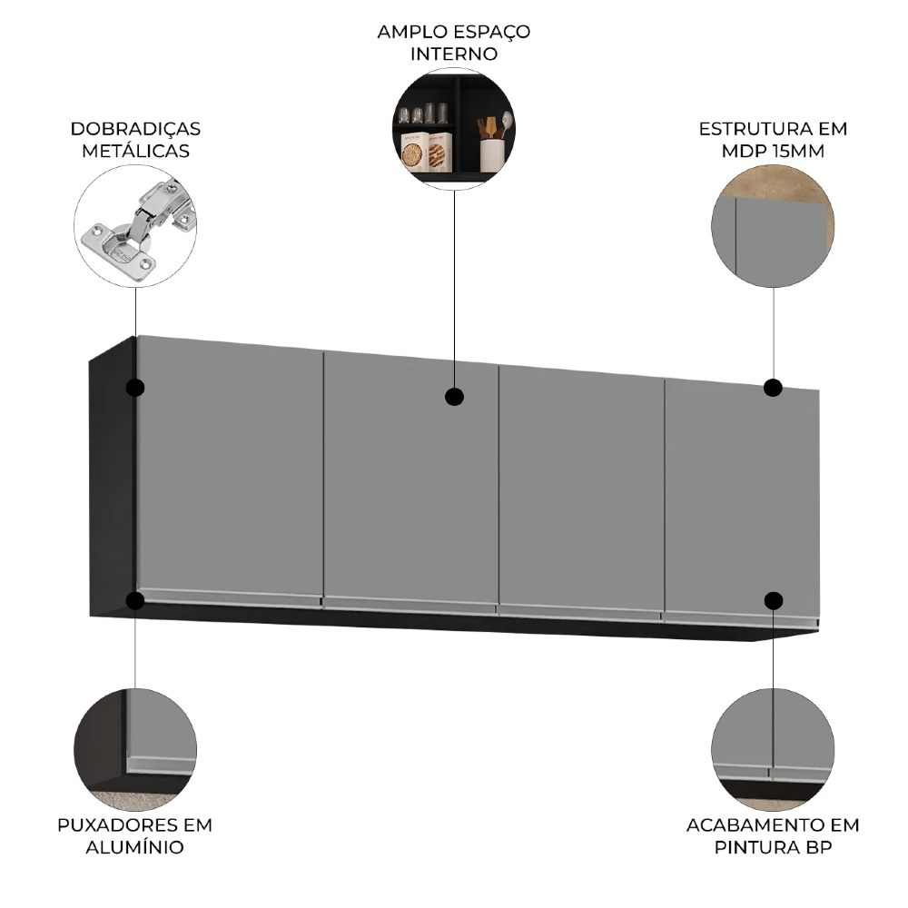 Armário de Cozinha Aéreo 160cm 4 Portas Nevada Preto/Cinza - Lumil